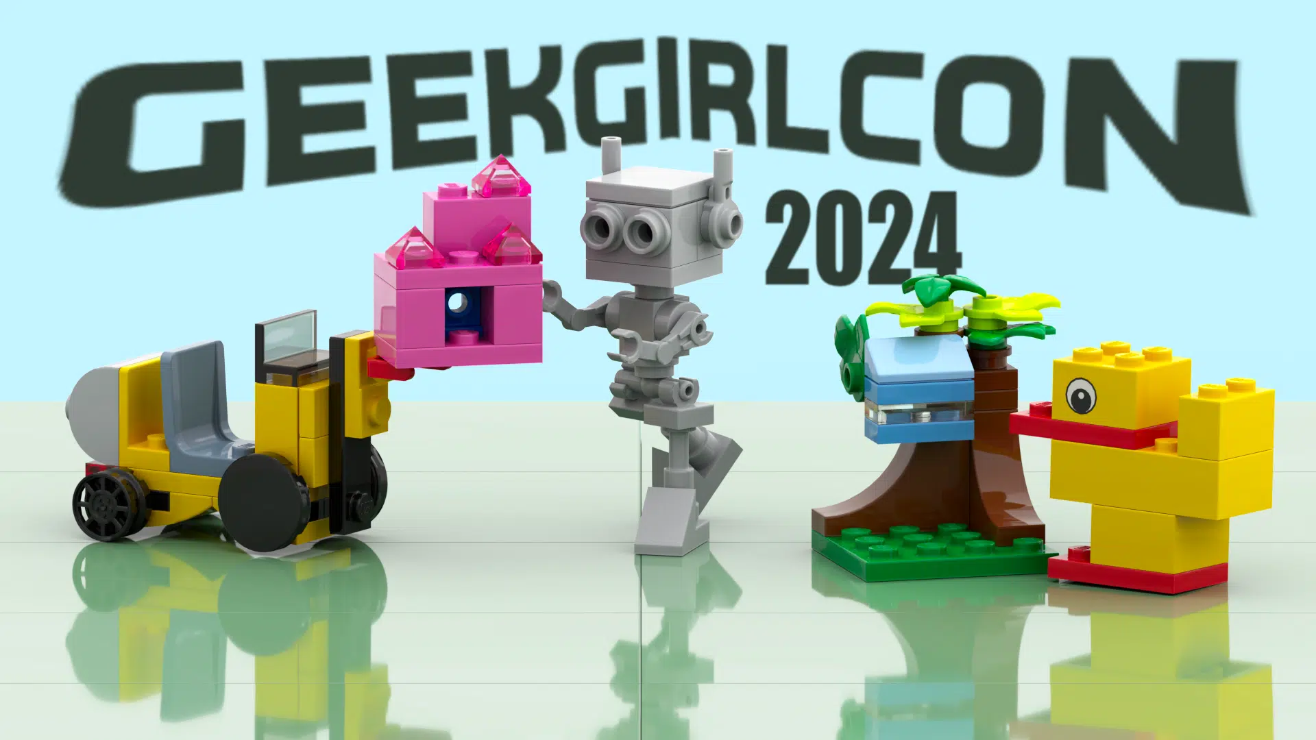 Mini Lego Builds (Left to right a yellow forklift, pink castle, grey robot, blue treehouse, and yellow and red duck) interact in front of text saying "GeekGirlCon 2024".