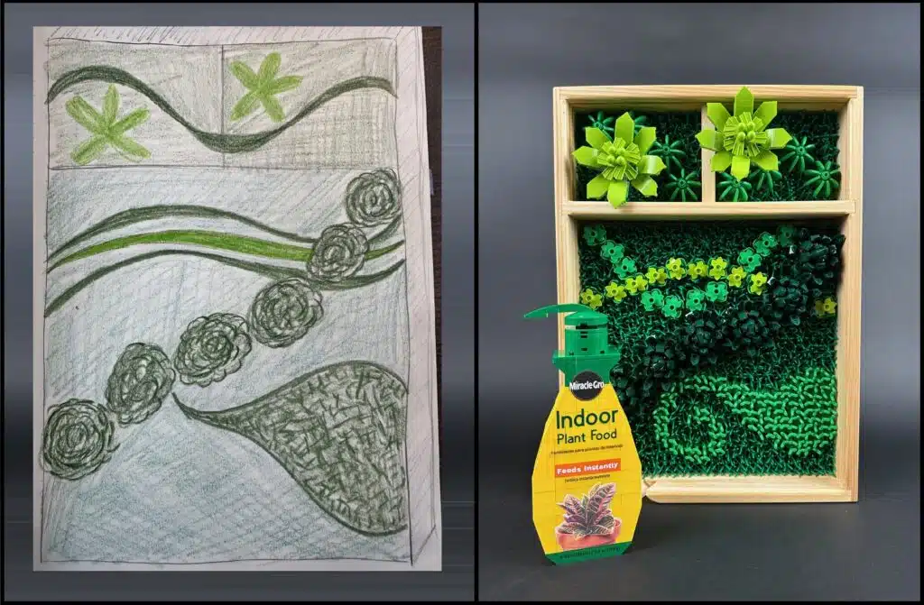 A side-by-side of Kelly Bartlett's Miracle-Gro collaboration with an early work-in-progress sketch to show her creative process.  On the left, a hand-drawn image represents the final creation.  On the right is the completed creation, showing a plant wall box with a Miracle-Gro plant food dispenser, entirely made from LEGO bricks.