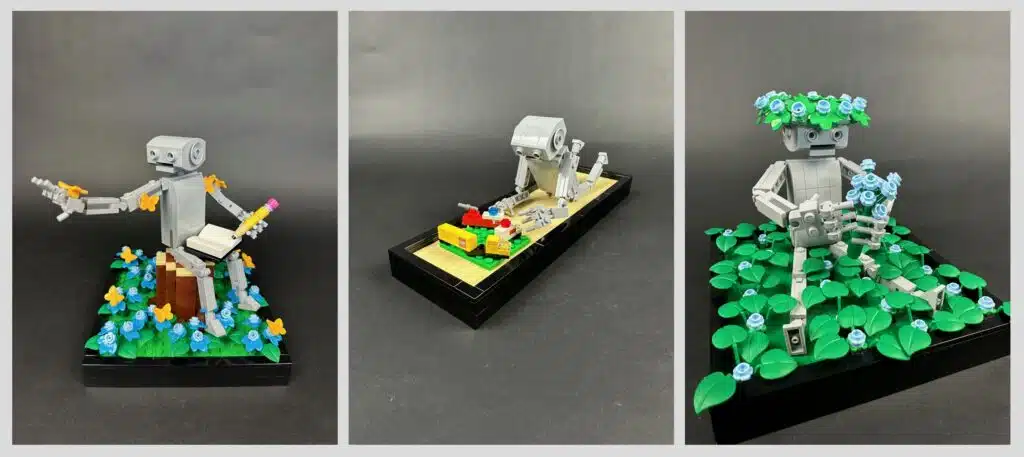 Three photos in a collage show vignettes fully made from LEGO by Kelly Bartlett where a grey robot is experiencing the human world.  On the left, "The Naturalist" shows the robot sitting atop a stump, poised with a notebook and pencil, as yellow butterflies land on him.  In the center is "Playtime", showing the robot laying on elbows and knees, playing with an array of miniature Lego sets (a yellow delivery truck, red firetruck, and white ambulance).  On the right, the robot sits within tall leaves and plants on the ground, wearing a wreath of leaves and flowers on his head, holding a bouquet of light blue flowers.