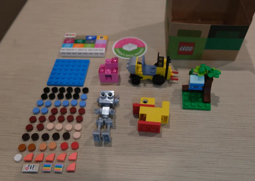 A photo of the contents from a gift box given to early attendees of the GeekGirlCon 2024 WBI panel.  Included are a selection of dots, a 6x6 plate, a WBI brick badge and sticker, 5 mini models created by panelists and panel hosts, and a special LEGO-sourced cardboard box to hold everything.